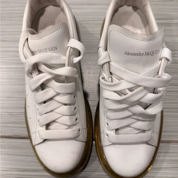 Alexander McQueen White Leather Sneakers with Gold Platform Sole - Picture 2 of 7